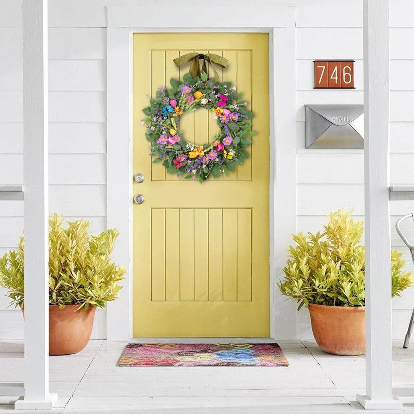 22 Inch Spring Summer Wreaths for Front Door, Artificial Yellow Forsythia Wreath with Green Leaves, Large Silk Floral Wreath for All Seasons Window Wall Wedding Decor
