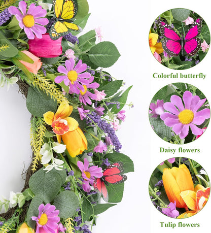 22 Inch Spring Summer Wreaths for Front Door, Artificial Yellow Forsythia Wreath with Green Leaves, Large Silk Floral Wreath for All Seasons Window Wall Wedding Decor