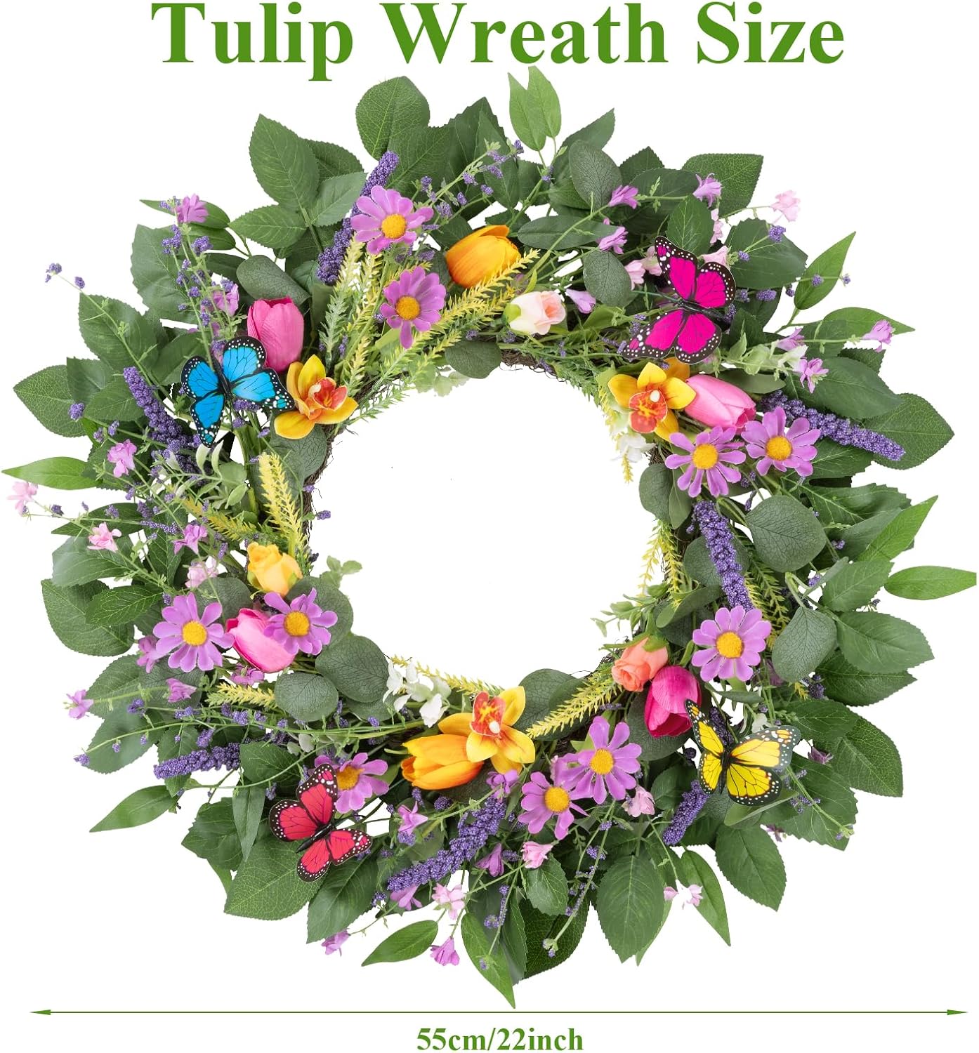 22 Inch Spring Summer Wreaths for Front Door, Artificial Yellow Forsythia Wreath with Green Leaves, Large Silk Floral Wreath for All Seasons Window Wall Wedding Decor