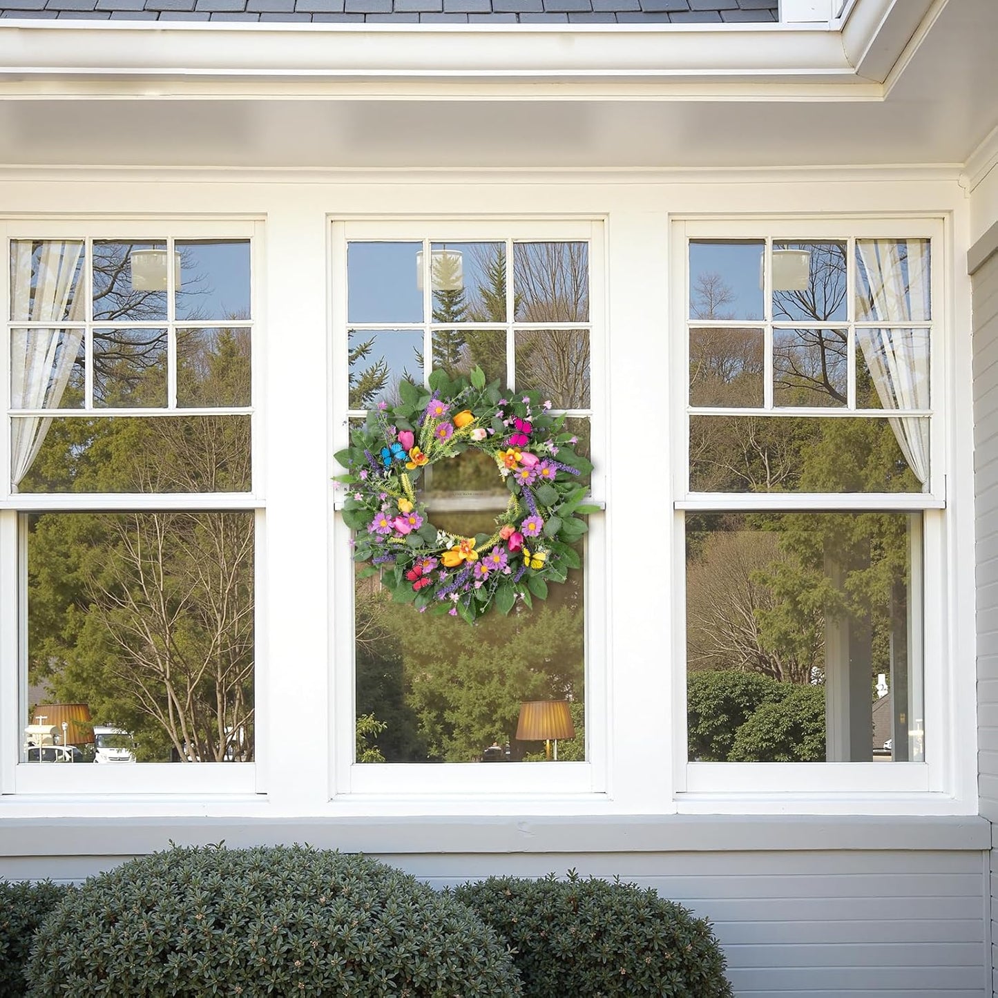 22 Inch Spring Summer Wreaths for Front Door, Artificial Yellow Forsythia Wreath with Green Leaves, Large Silk Floral Wreath for All Seasons Window Wall Wedding Decor