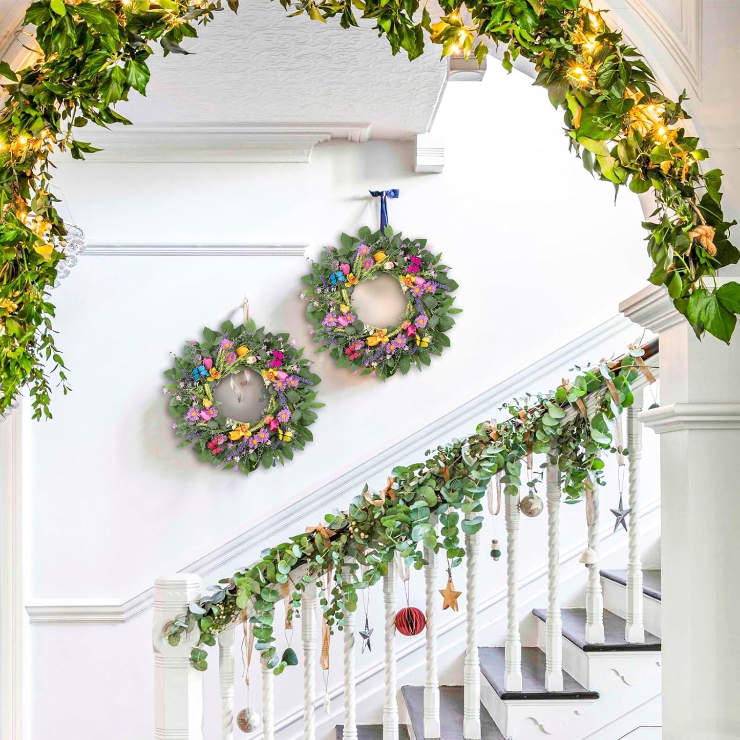 22 Inch Spring Summer Wreaths for Front Door, Artificial Yellow Forsythia Wreath with Green Leaves, Large Silk Floral Wreath for All Seasons Window Wall Wedding Decor