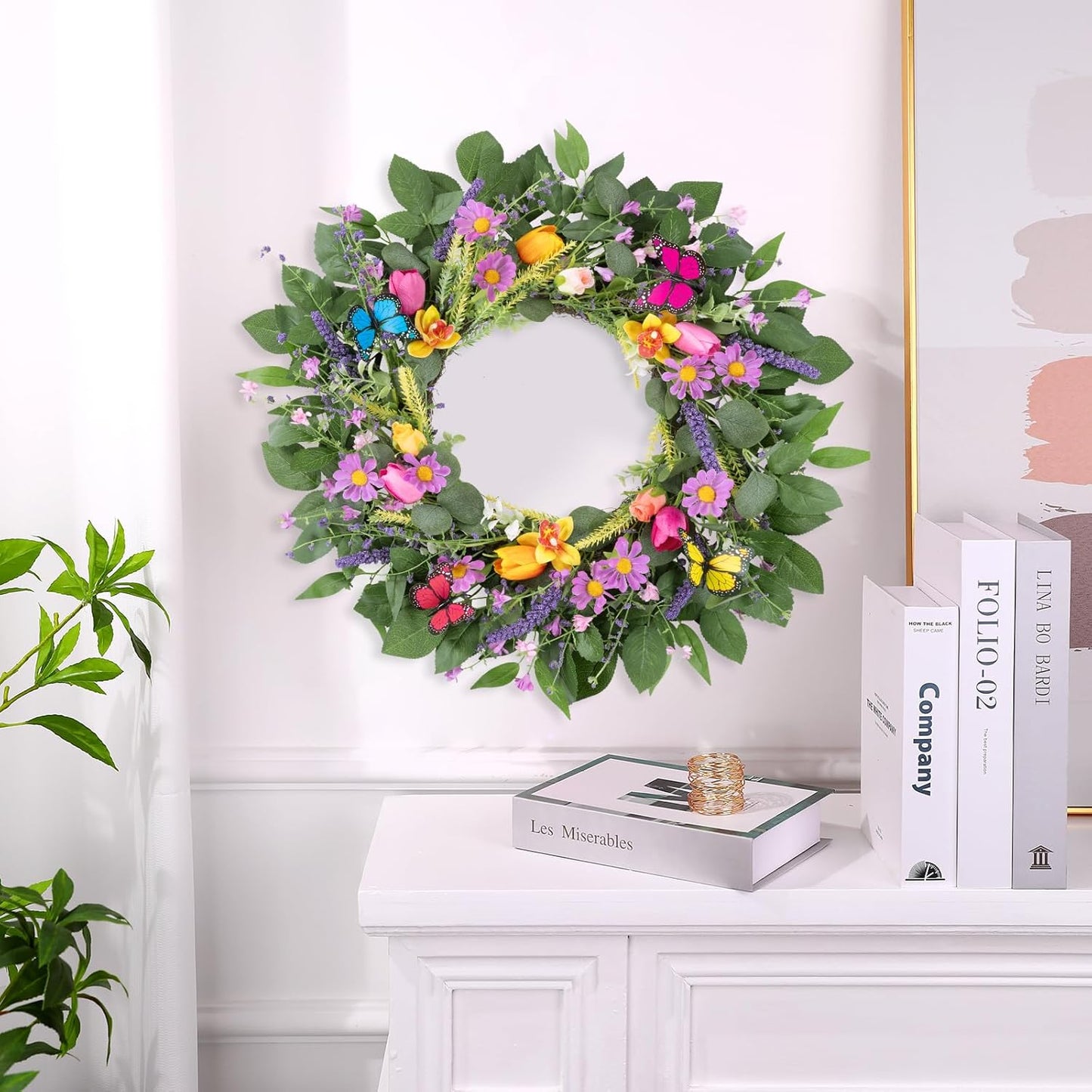 22 Inch Spring Summer Wreaths for Front Door, Artificial Yellow Forsythia Wreath with Green Leaves, Large Silk Floral Wreath for All Seasons Window Wall Wedding Decor