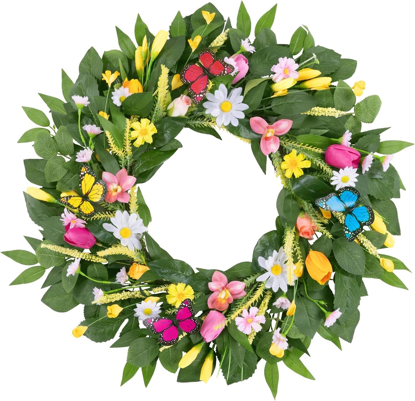 22 Inch Spring Summer Wreaths for Front Door, Artificial Yellow Forsythia Wreath with Green Leaves, Large Silk Floral Wreath for All Seasons Window Wall Wedding Decor