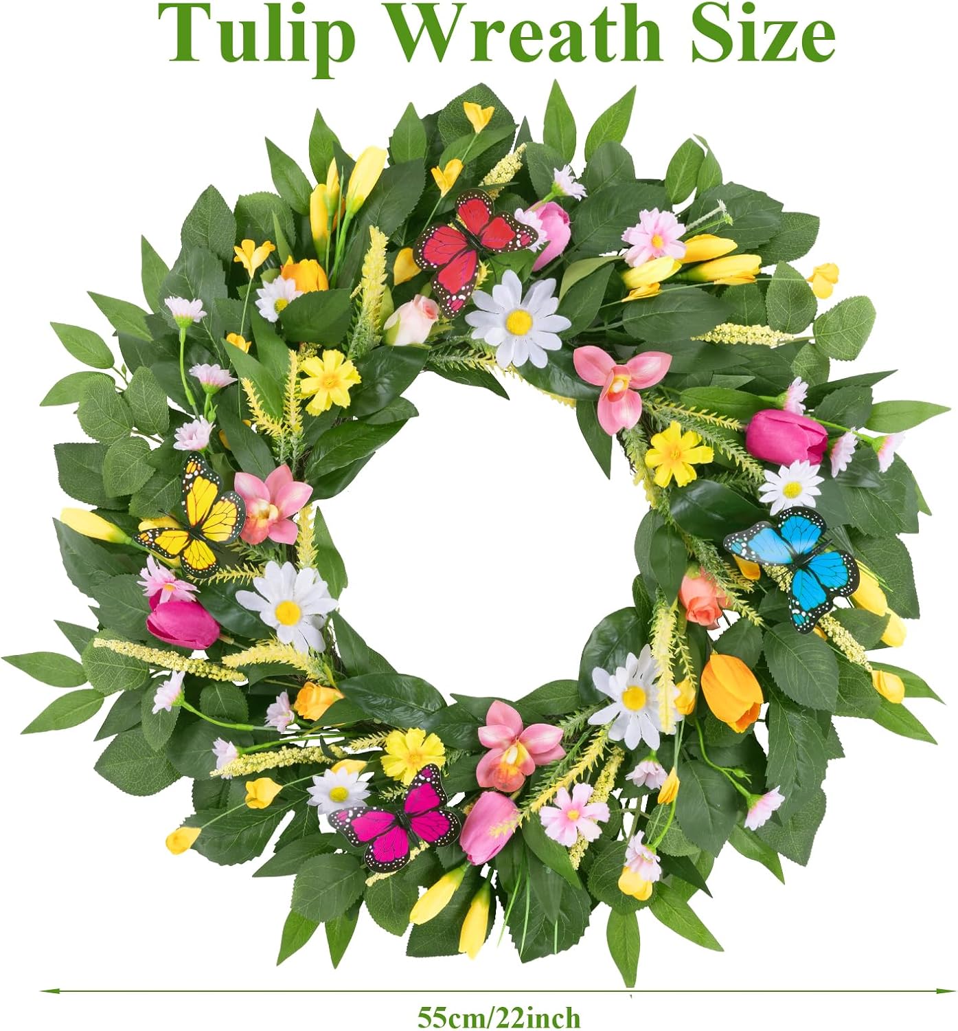 22 Inch Spring Summer Wreaths for Front Door, Artificial Yellow Forsythia Wreath with Green Leaves, Large Silk Floral Wreath for All Seasons Window Wall Wedding Decor