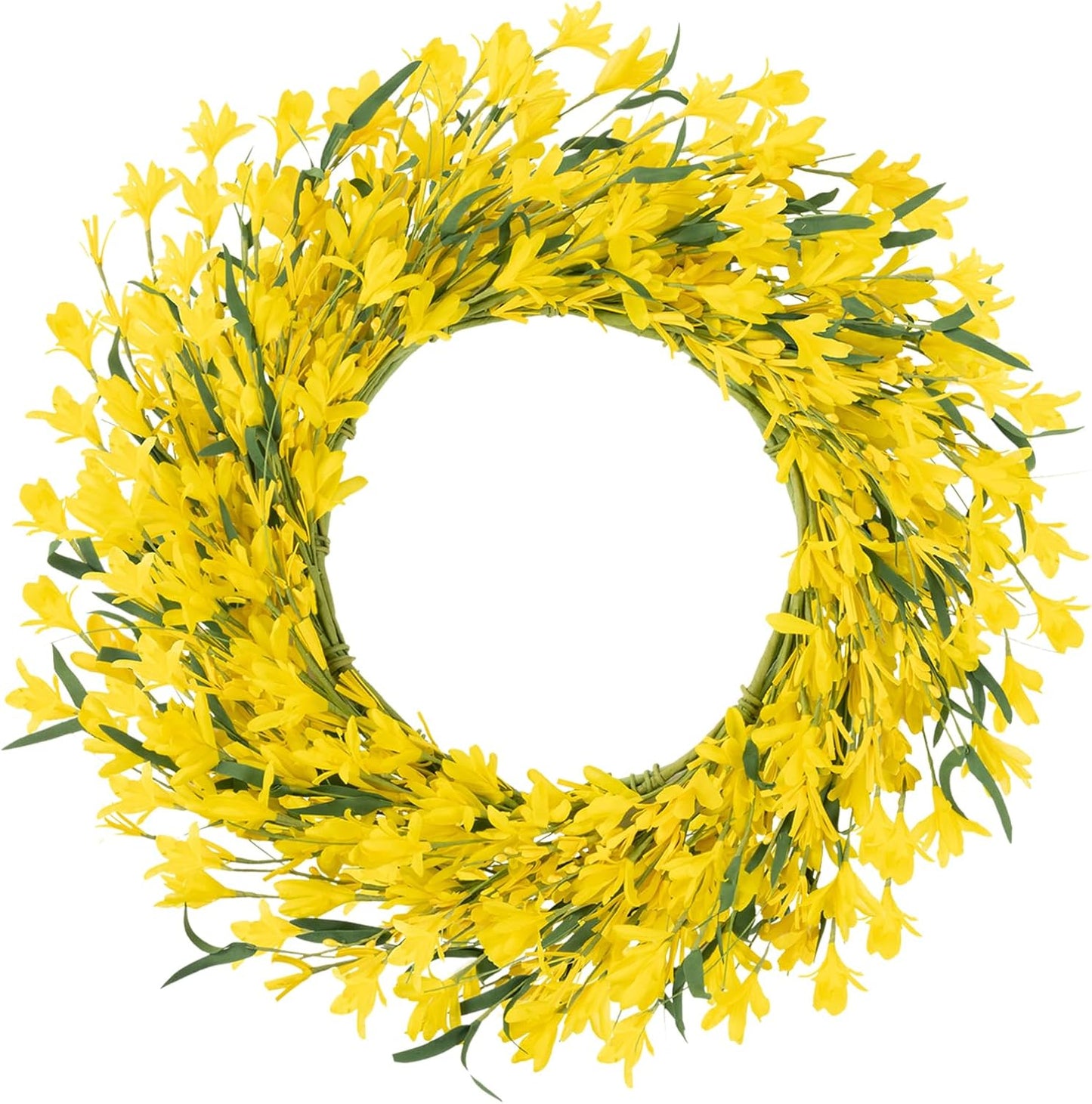 22 Inch Spring Summer Wreaths for Front Door, Artificial Yellow Forsythia Wreath with Green Leaves, Large Silk Floral Wreath for All Seasons Window Wall Wedding Decor