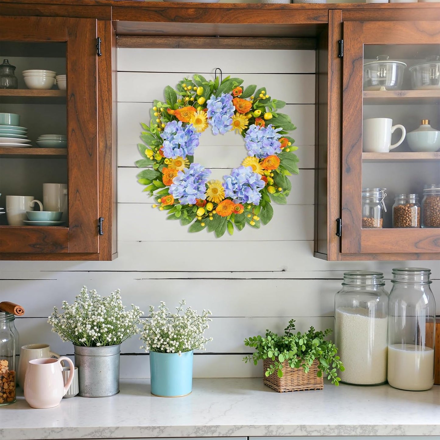 22 Inch Spring Summer Wreaths for Front Door, Artificial Yellow Forsythia Wreath with Green Leaves, Large Silk Floral Wreath for All Seasons Window Wall Wedding Decor