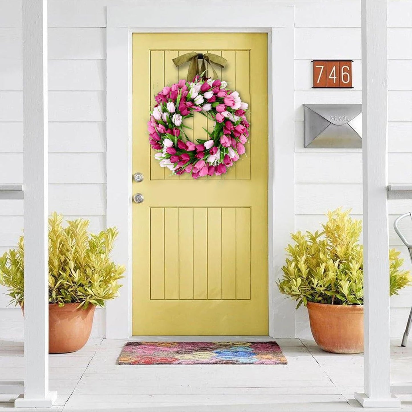 22 Inch Spring Summer Wreaths for Front Door, Artificial Yellow Forsythia Wreath with Green Leaves, Large Silk Floral Wreath for All Seasons Window Wall Wedding Decor