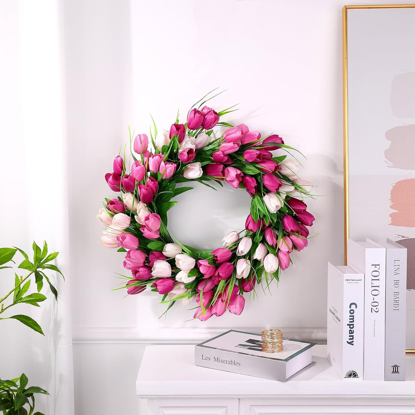 22 Inch Spring Summer Wreaths for Front Door, Artificial Yellow Forsythia Wreath with Green Leaves, Large Silk Floral Wreath for All Seasons Window Wall Wedding Decor