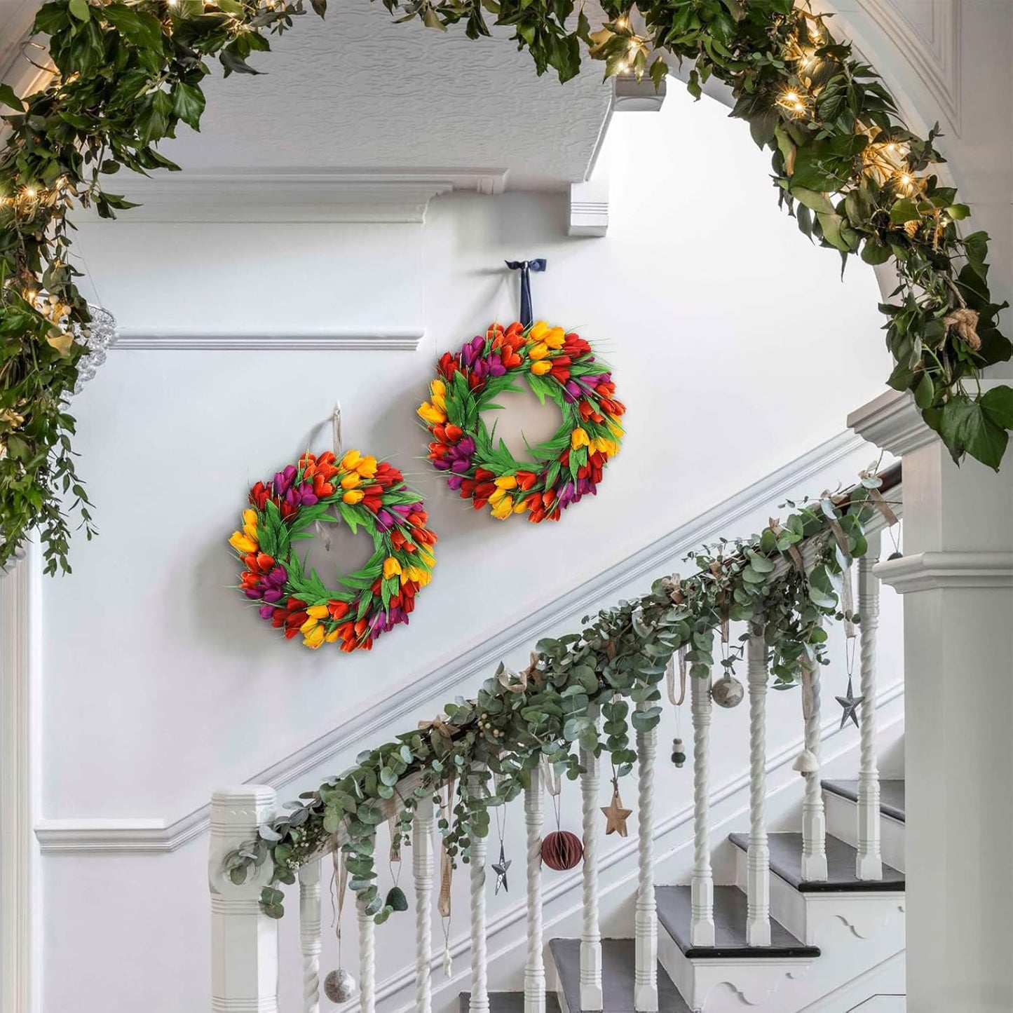 22 Inch Spring Summer Wreaths for Front Door, Artificial Yellow Forsythia Wreath with Green Leaves, Large Silk Floral Wreath for All Seasons Window Wall Wedding Decor