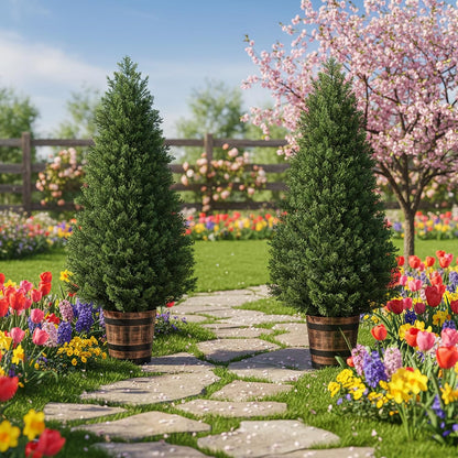 Set of 2 Artificial Cedar Topiary Trees 4FT - Indoor Faux Pine Shrubs with Barrel Planter, Outdoor Fake Cypress Evergreen Plants for Home Office Front Door Porch Decor