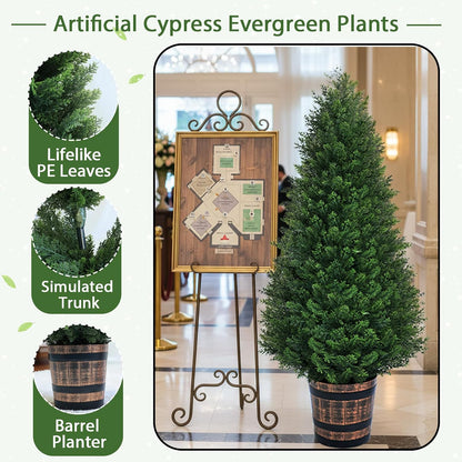 Set of 2 Artificial Cedar Topiary Trees 4FT - Indoor Faux Pine Shrubs with Barrel Planter, Outdoor Fake Cypress Evergreen Plants for Home Office Front Door Porch Decor