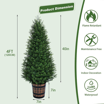 Set of 2 Artificial Cedar Topiary Trees 4FT - Indoor Faux Pine Shrubs with Barrel Planter, Outdoor Fake Cypress Evergreen Plants for Home Office Front Door Porch Decor