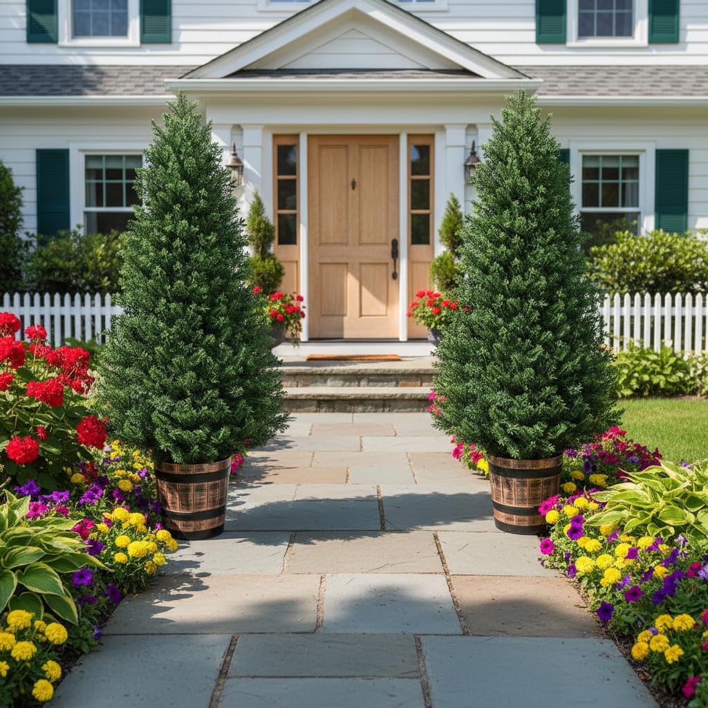 Set of 2 Artificial Cedar Topiary Trees 4FT - Indoor Faux Pine Shrubs with Barrel Planter, Outdoor Fake Cypress Evergreen Plants for Home Office Front Door Porch Decor