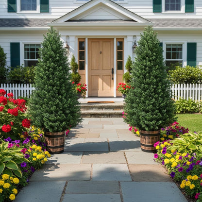 Set of 2 Artificial Cedar Topiary Trees 4FT - Indoor Faux Pine Shrubs with Barrel Planter, Outdoor Fake Cypress Evergreen Plants for Home Office Front Door Porch Decor