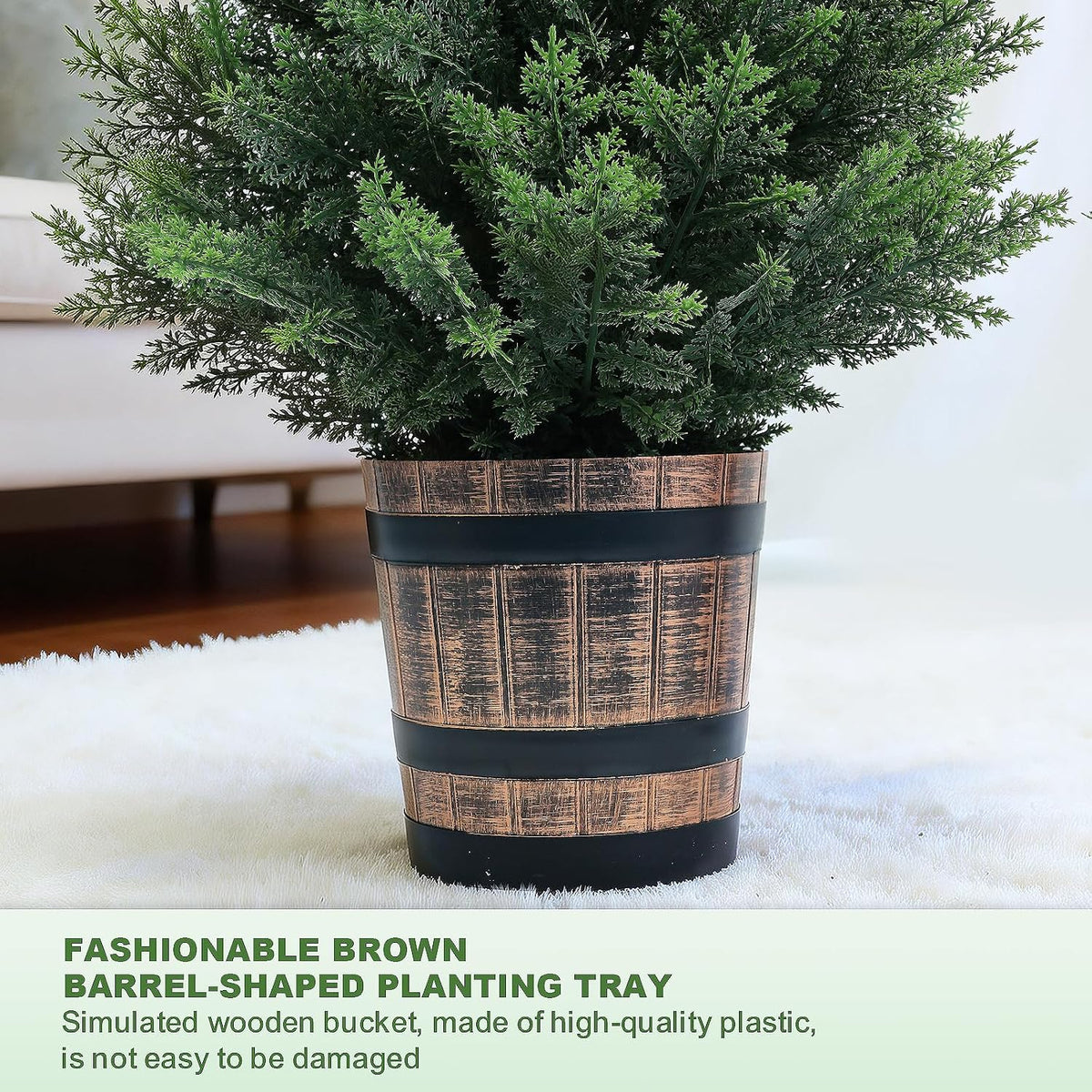 Set of 2 Artificial Cedar Topiary Trees 4FT - Indoor Faux Pine Shrubs with Barrel Planter, Outdoor Fake Cypress Evergreen Plants for Home Office Front Door Porch Decor
