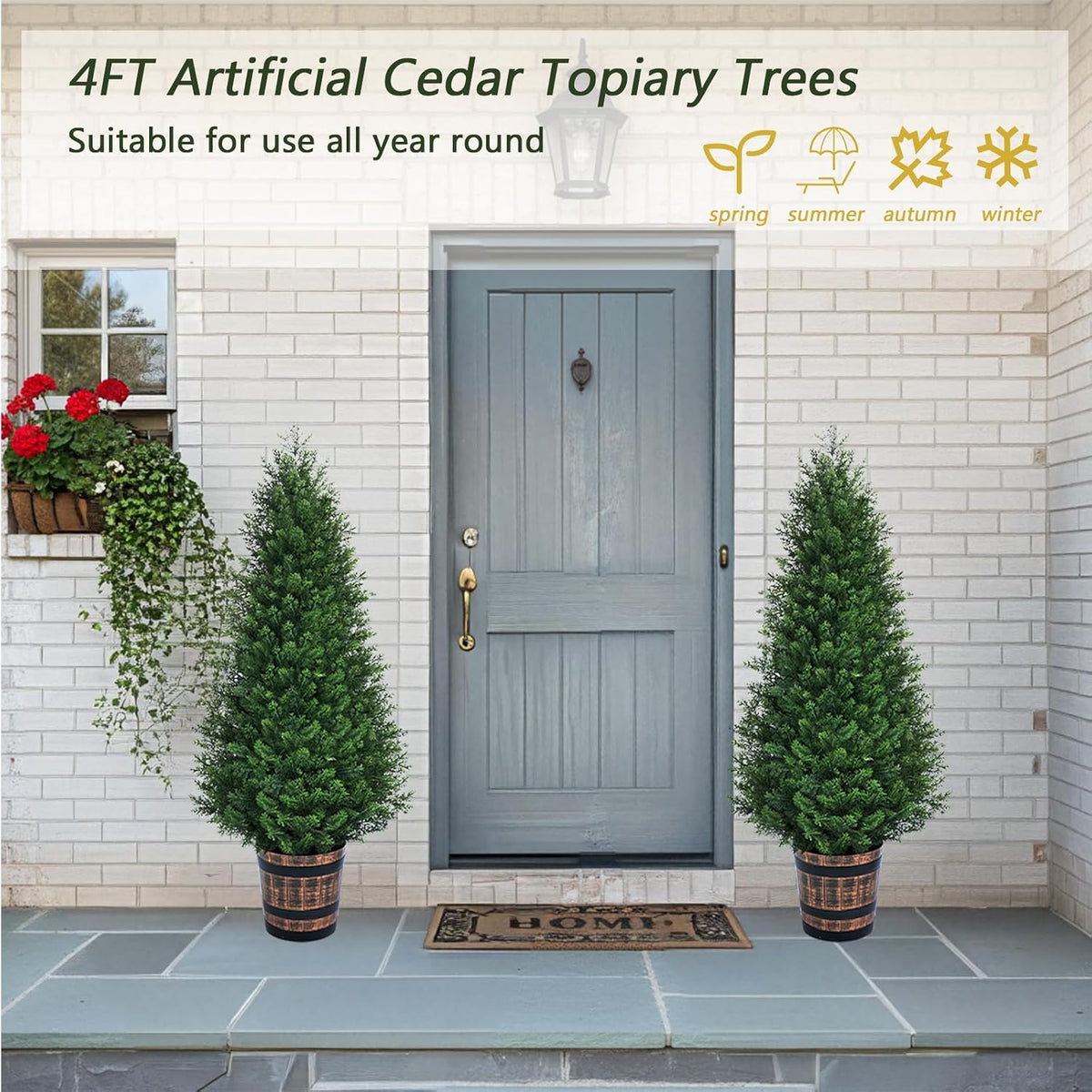 Set of 2 Artificial Cedar Topiary Trees 4FT - Indoor Faux Pine Shrubs with Barrel Planter, Outdoor Fake Cypress Evergreen Plants for Home Office Front Door Porch Decor