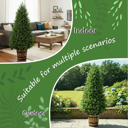 Set of 2 Artificial Cedar Topiary Trees 4FT - Indoor Faux Pine Shrubs with Barrel Planter, Outdoor Fake Cypress Evergreen Plants for Home Office Front Door Porch Decor