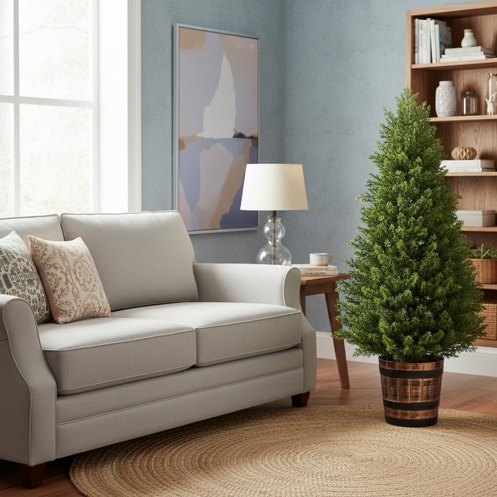 Set of 2 Artificial Cedar Topiary Trees 4FT - Indoor Faux Pine Shrubs with Barrel Planter, Outdoor Fake Cypress Evergreen Plants for Home Office Front Door Porch Decor