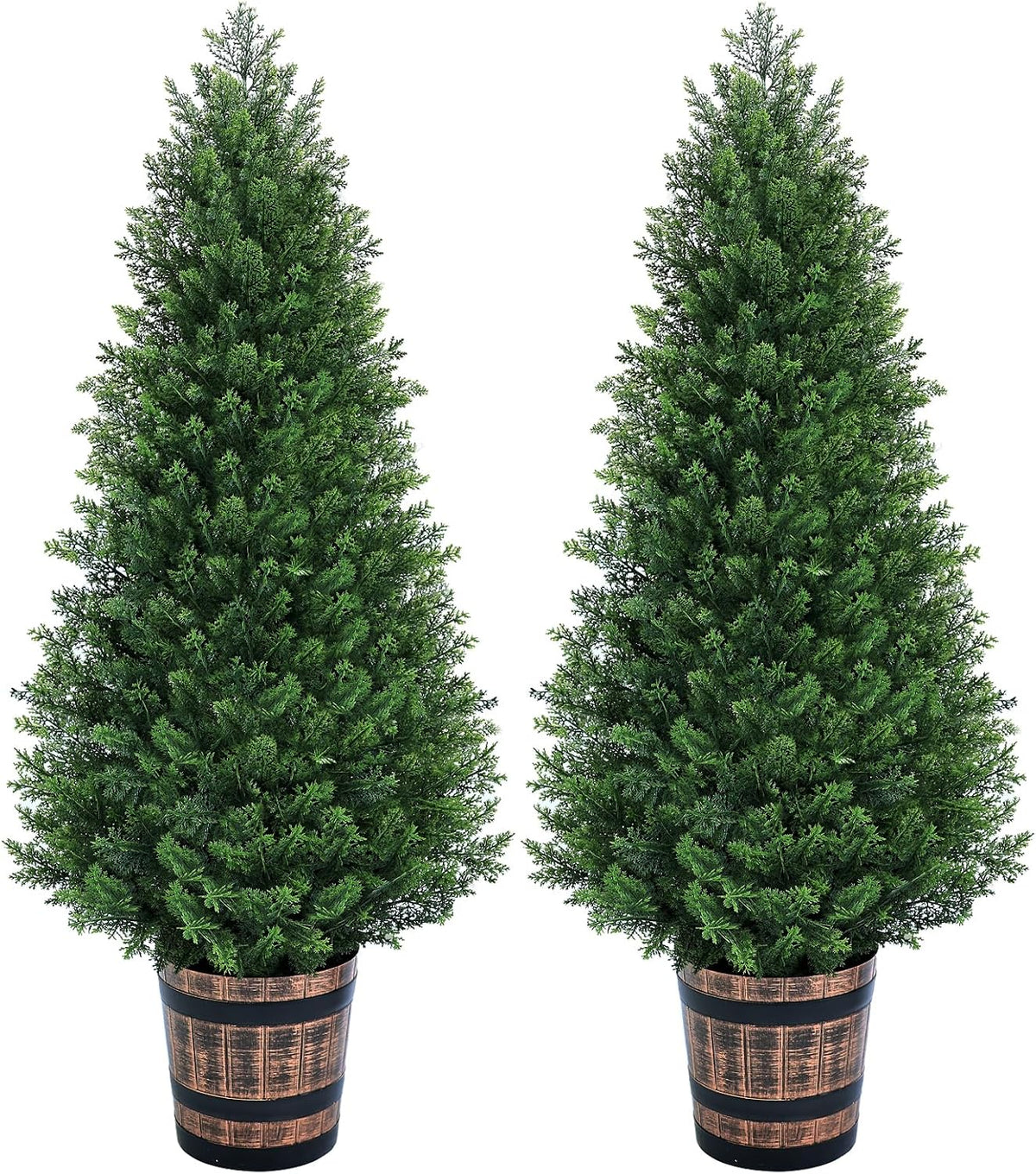 Set of 2 Artificial Cedar Topiary Trees 4FT - Indoor Faux Pine Shrubs with Barrel Planter, Outdoor Fake Cypress Evergreen Plants for Home Office Front Door Porch Decor