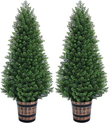 Set of 2 Artificial Cedar Topiary Trees 4FT - Indoor Faux Pine Shrubs with Barrel Planter, Outdoor Fake Cypress Evergreen Plants for Home Office Front Door Porch Decor