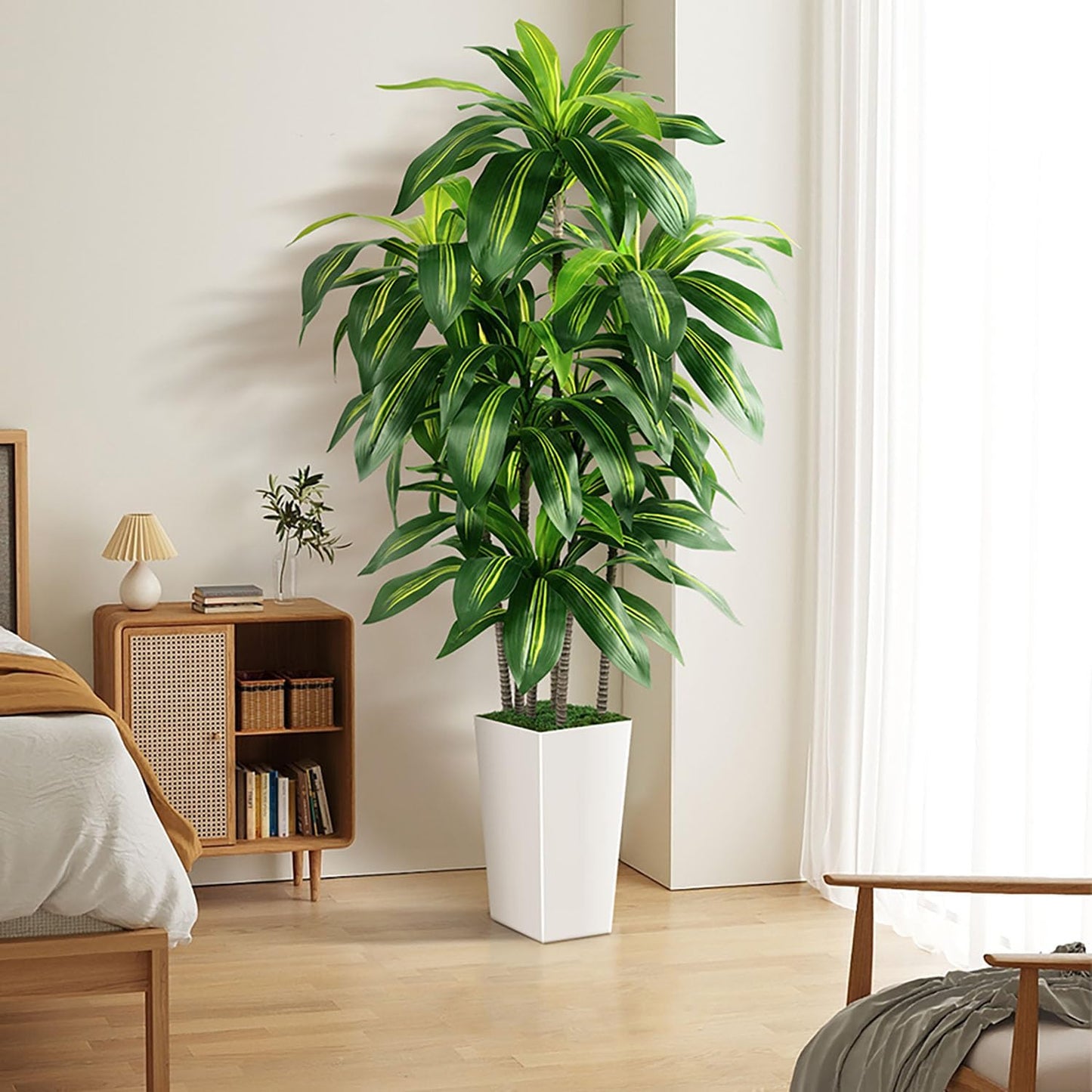 Artificial Dracaena Tree Indoor, 5FT Tall Fake Tree with White Tall Planter | Artificial Tree Fake Yucca Potted Tree for Home Office Living Room Decor，Tall Artificial Plant for Housewarming