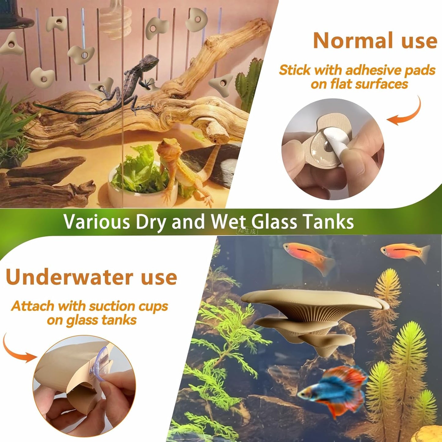 Mushroom Terrarium Decor & Climbing Hold Kit,with 12 Rock Holds, Suction Cups & Adhesive Dots for Geckos, Frogs, Small Lizards & Snakes in Dry/Semi-Moist Habitats (Desert Beige)