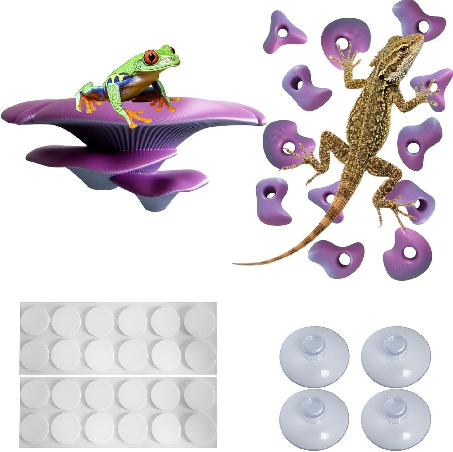 Mushroom Terrarium Decor & Climbing Hold Kit,with 12 Rock Holds, Suction Cups & Adhesive Dots for Geckos, Frogs, Small Lizards & Snakes in Dry/Semi-Moist Habitats (Desert Beige)