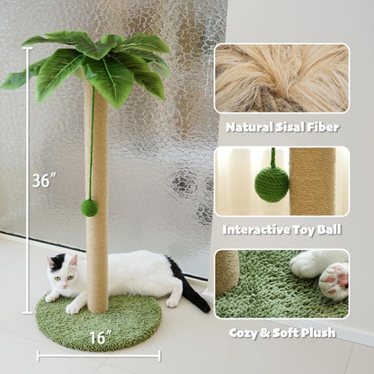 Cat Scratching Post, 36" Tall Palm Tree Cat Scratching Post, Sisal Cat Scratcher with Toy Ball for Indoor Kittens, Large Size
