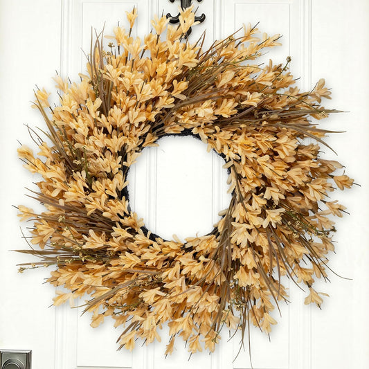 26"-28" Large Fall Autumn Door Wreath with Yellow Forsythia Floral & Berry | Full Realistic Flower with Berries, Warm Fall Tone for Porch, Wall, Window, UV-resistant, Weatherproof, Rustic, Easy Fluff