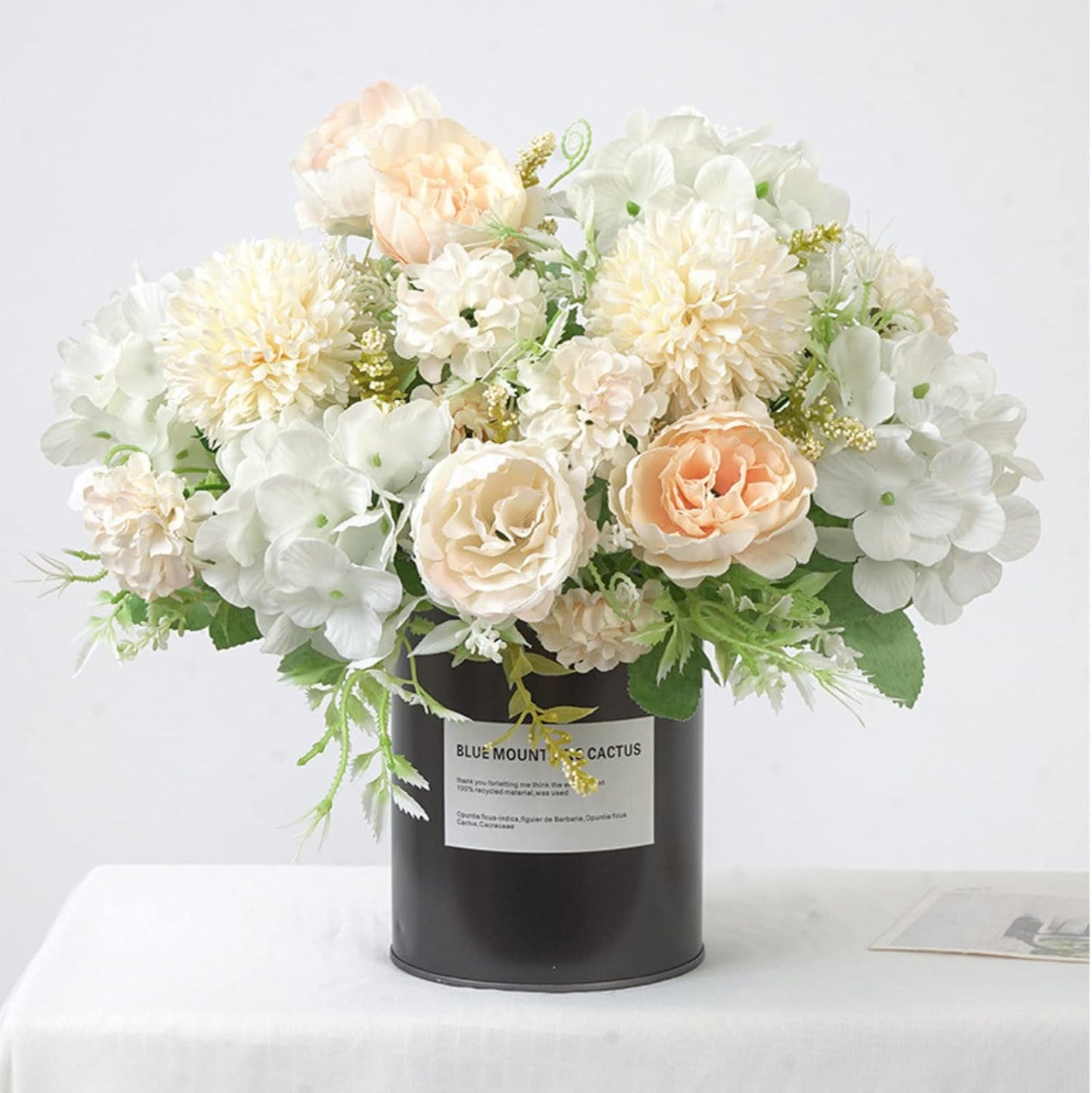 White Artificial Flowers, 2PCS Fake Silk Peonies Bouquet | Silk Hydrangea Bouquet Decor Realistic Flower Arrangements for Cemetery Wedding Home Decoration