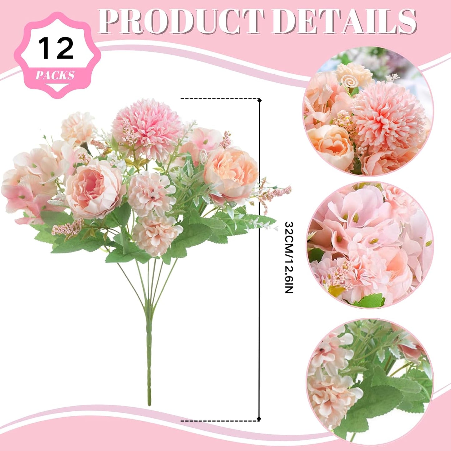 White Artificial Flowers, 2PCS Fake Silk Peonies Bouquet | Silk Hydrangea Bouquet Decor Realistic Flower Arrangements for Cemetery Wedding Home Decoration