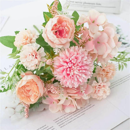 White Artificial Flowers, 2PCS Fake Silk Peonies Bouquet | Silk Hydrangea Bouquet Decor Realistic Flower Arrangements for Cemetery Wedding Home Decoration