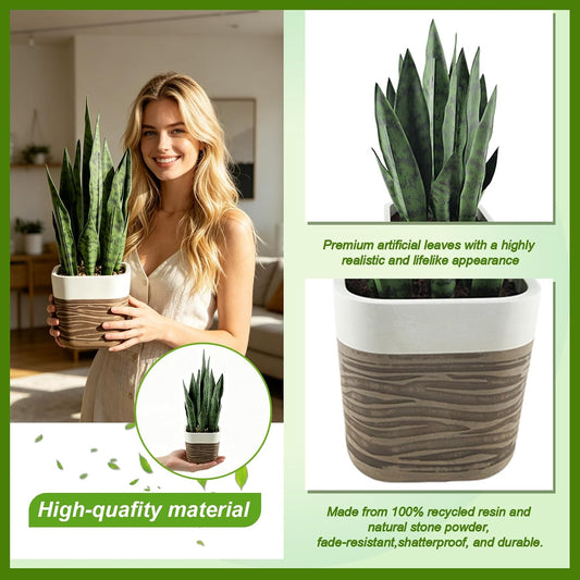 GreenShip 17 inch Artificial Snake Plant with Decorative Two-Tone Pot