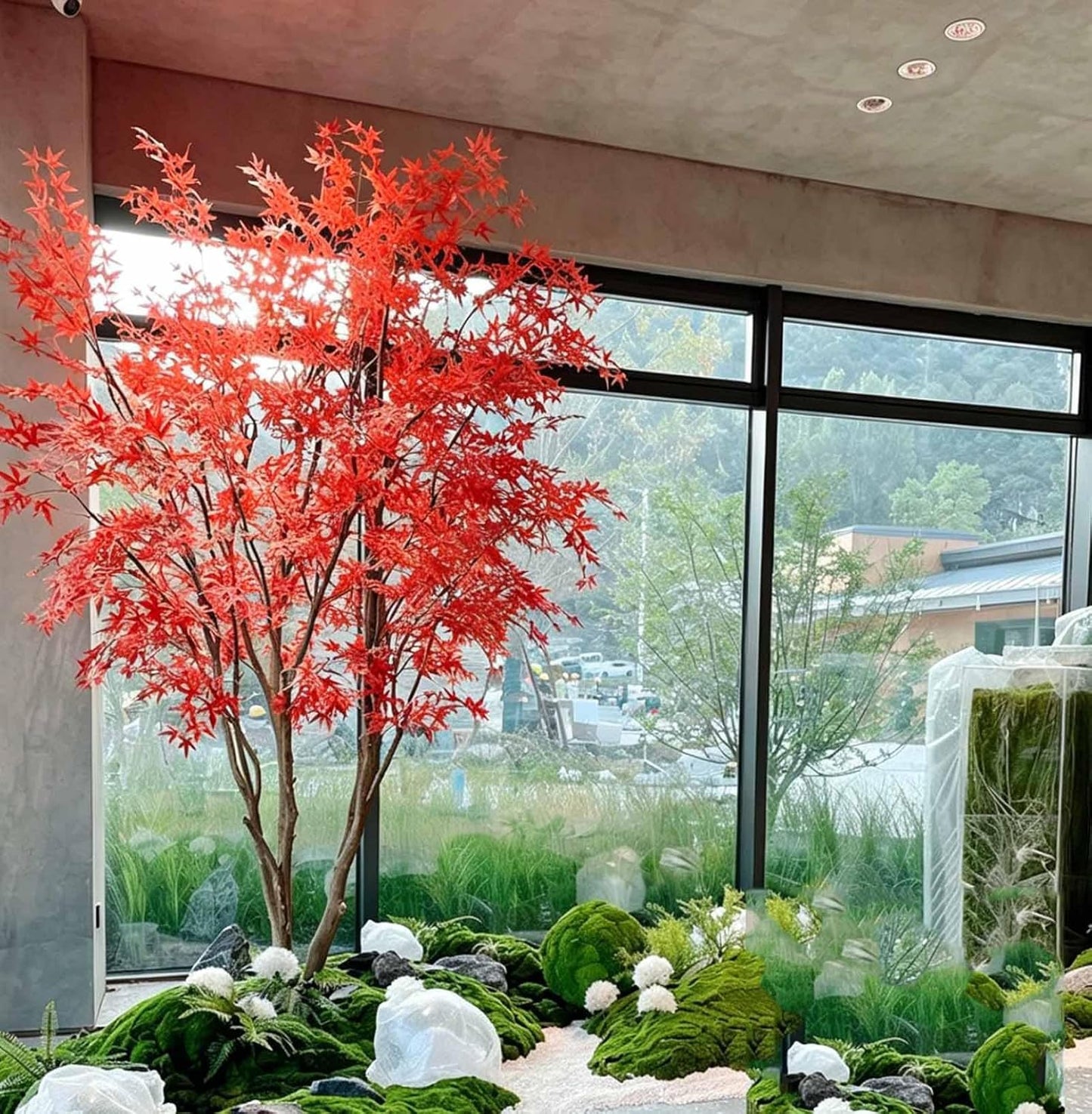Large Red Maple Faux Tree with Japanese Landscape Art – Modern Home Office Living Room Floor Decor Enhance Your Garden(1x0.6m/3.2x1.9ft)