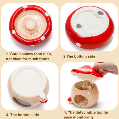 3 Pack Ceramic Hamster Hideout, Mushroom Shape Guinea Pig Food Bowl Cute Water Bottle with Stand, Cool Hamster Bed House Small Animal Cage Accessories for Dwarf Hamsters, Mice, Gerbils