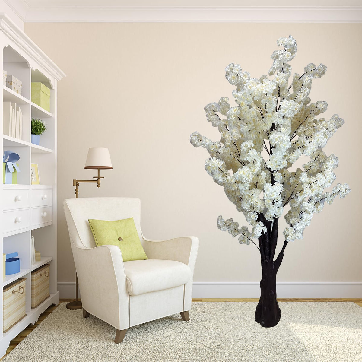 White Artificial Cherry Blossom Tree for Home, Wedding, Office, Living Room - Indoor Outdoor Decor (6.5ft/2m)