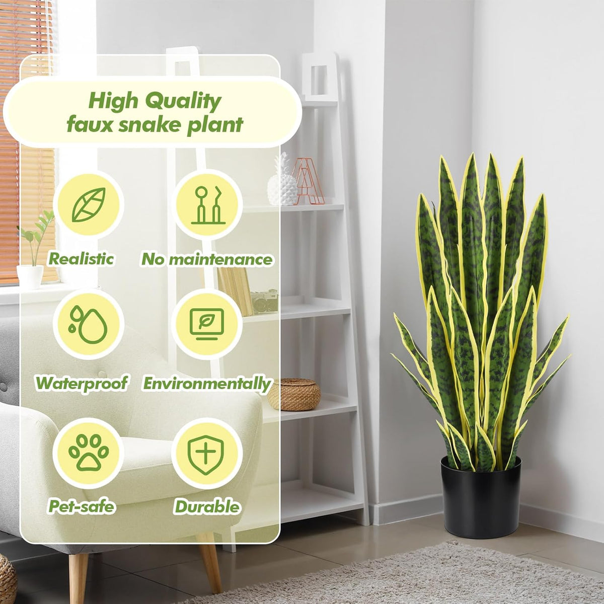 Tall Artificial Snake Plant Faux Sansevieria Plant Large Fake Snake Bulk in Pot for Home Office Housewarming Gift(2 Pack,2.25 Ft)