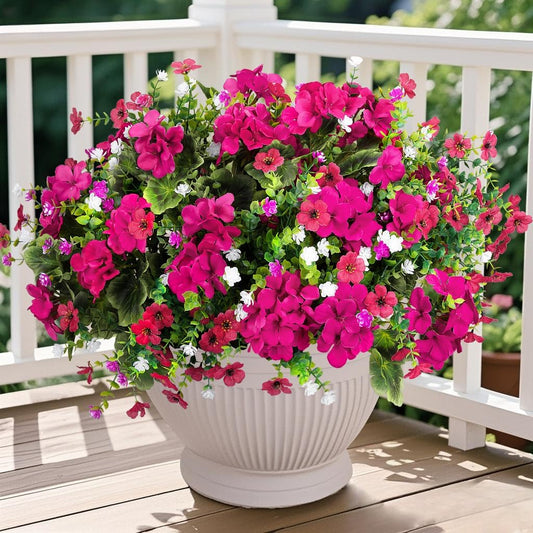 18'' Artificial Geraniums Flowers for Outdoors Decor, Red | Mixed fake silk flowers, plastic plants, UV resistant, for summer garden porch patio planter kitchen table home decor