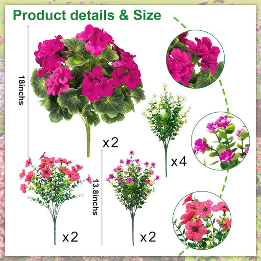 18'' Artificial Geraniums Flowers for Outdoors Decor, Red | Mixed fake silk flowers, plastic plants, UV resistant, for summer garden porch patio planter kitchen table home decor