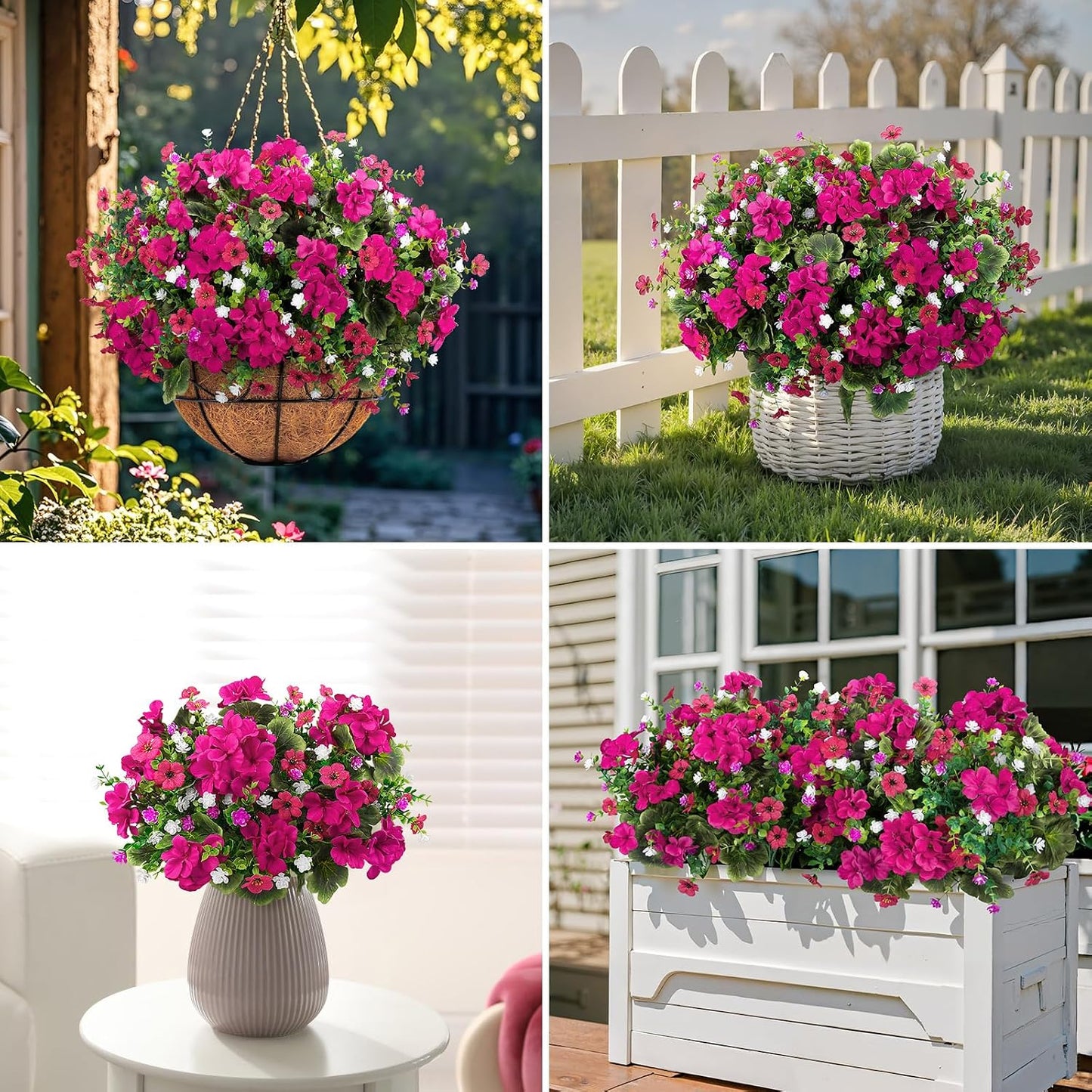 18'' Artificial Geraniums Flowers for Outdoors Decor, Red | Mixed fake silk flowers, plastic plants, UV resistant, for summer garden porch patio planter kitchen table home decor