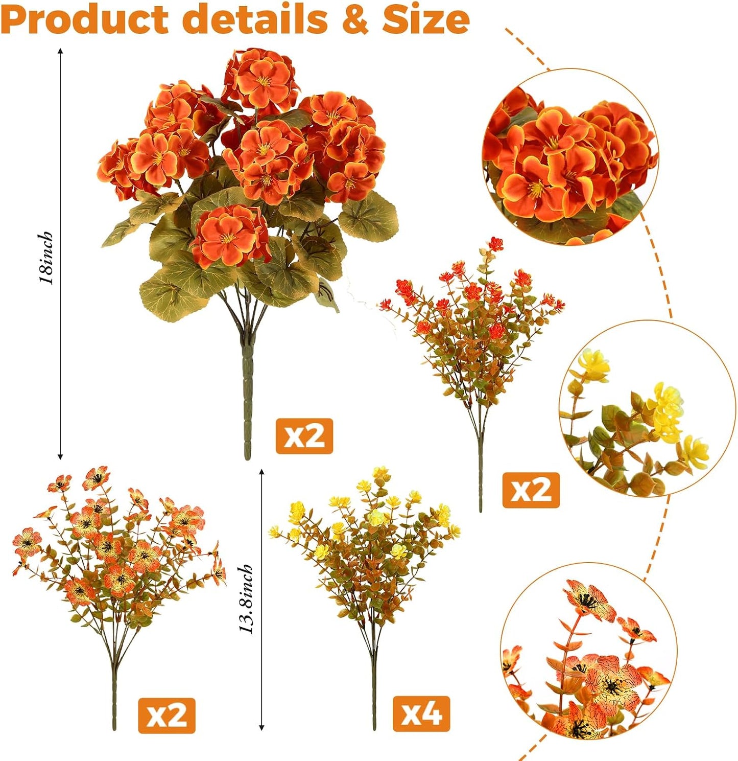18'' Artificial Geraniums Flowers for Outdoors Decor, Red | Mixed fake silk flowers, plastic plants, UV resistant, for summer garden porch patio planter kitchen table home decor