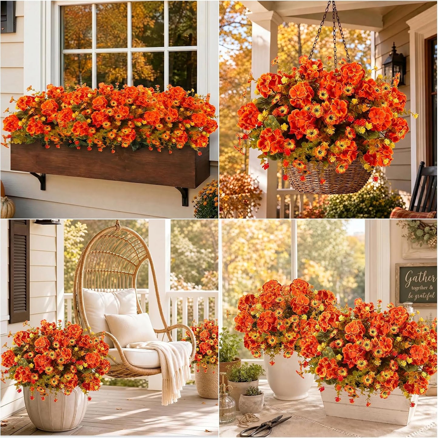 18'' Artificial Geraniums Flowers for Outdoors Decor, Red | Mixed fake silk flowers, plastic plants, UV resistant, for summer garden porch patio planter kitchen table home decor