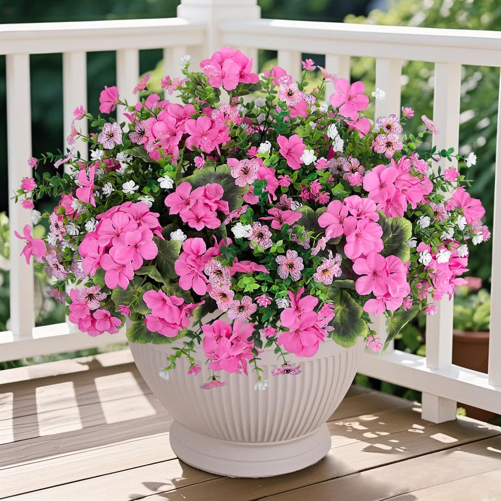 18'' Artificial Geraniums Flowers for Outdoors Decor, Red | Mixed fake silk flowers, plastic plants, UV resistant, for summer garden porch patio planter kitchen table home decor