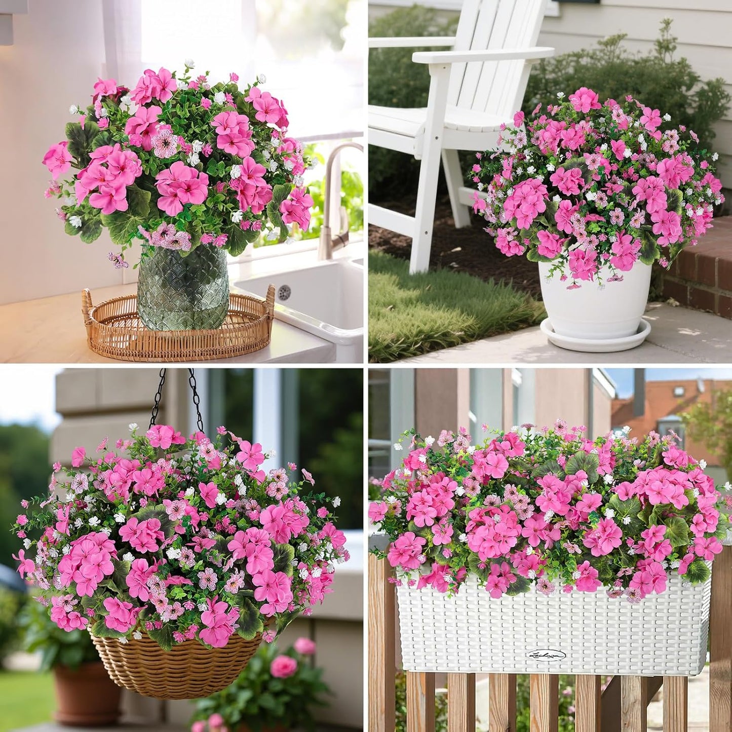 18'' Artificial Geraniums Flowers for Outdoors Decor, Red | Mixed fake silk flowers, plastic plants, UV resistant, for summer garden porch patio planter kitchen table home decor