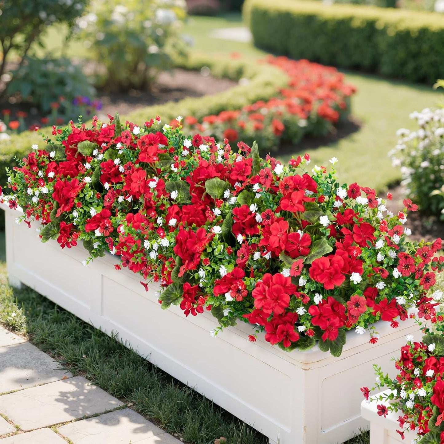18'' Artificial Geraniums Flowers for Outdoors Decor, Red | Mixed fake silk flowers, plastic plants, UV resistant, for summer garden porch patio planter kitchen table home decor
