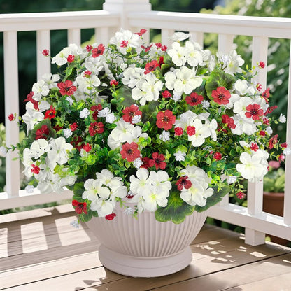 18'' Artificial Geraniums Flowers for Outdoors Decor, Red | Mixed fake silk flowers, plastic plants, UV resistant, for summer garden porch patio planter kitchen table home decor