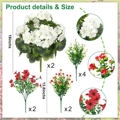 18'' Artificial Geraniums Flowers for Outdoors Decor, Red | Mixed fake silk flowers, plastic plants, UV resistant, for summer garden porch patio planter kitchen table home decor