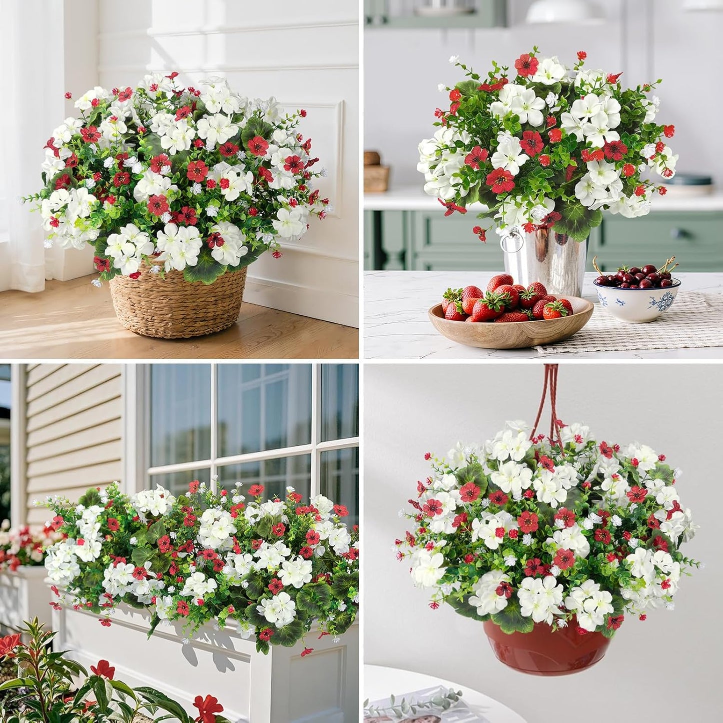 18'' Artificial Geraniums Flowers for Outdoors Decor, Red | Mixed fake silk flowers, plastic plants, UV resistant, for summer garden porch patio planter kitchen table home decor