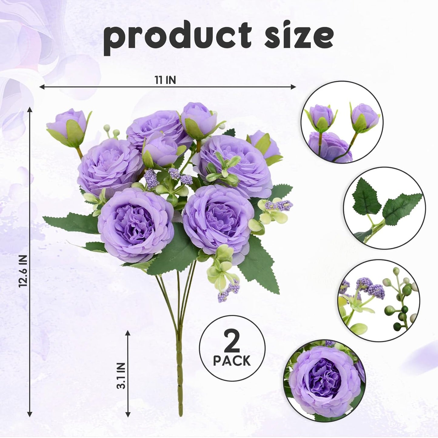 2 Pack Artificial Flowers Bouquet, 10 Pcs Austin Roses Silk Flowers Heads, Fake Peonies Flower for Home Decor Table Centerpieces Wedding Bridal Bouquet Mother's Day Valentine's Day, Pink