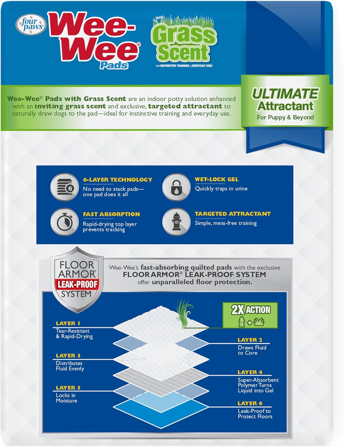Wee-Wee Ultimate Attractant Grass Scented Pee Pads for Dogs & Puppies, Leak-Proof Dog Housebreaking Instinctive Potty Training Floor Protection, 22" x 23", 100 Count